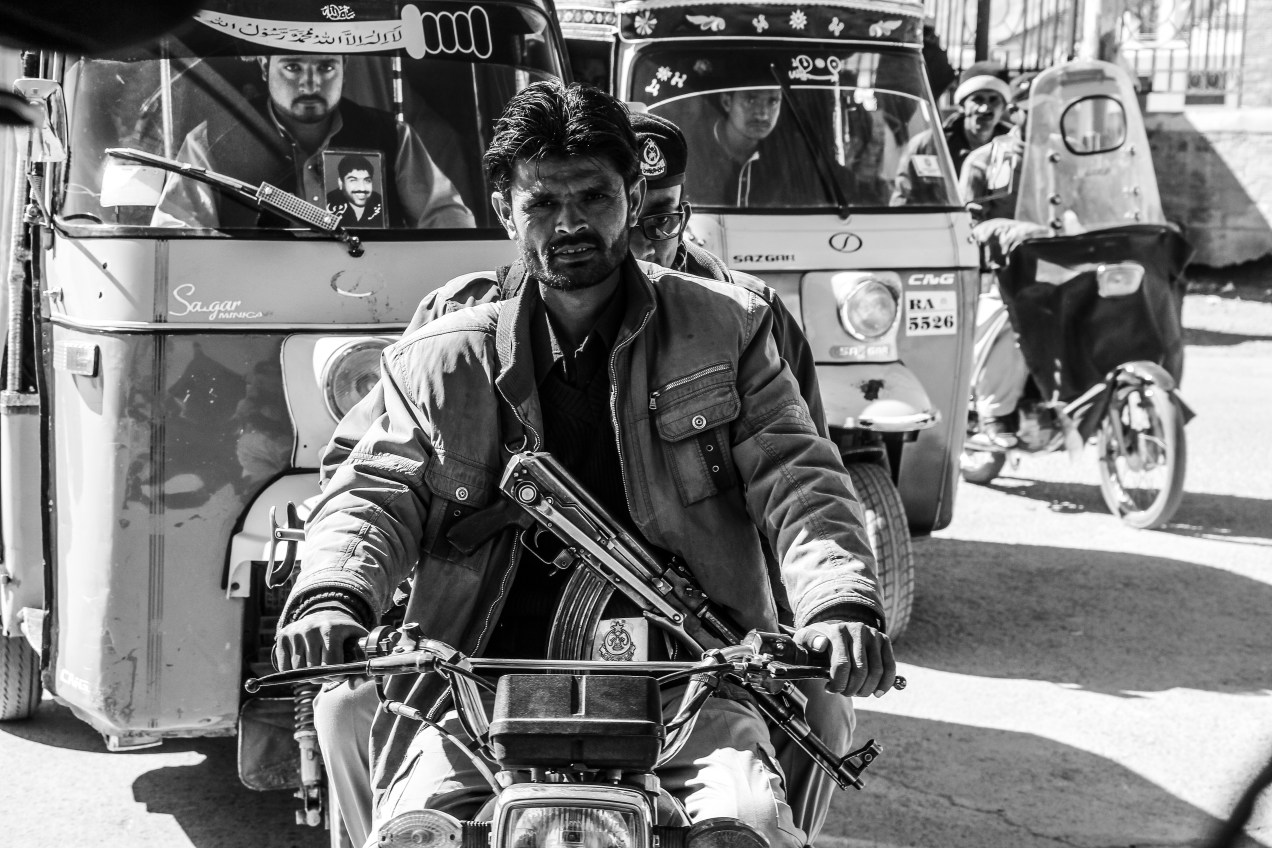 Our armed Police Guard behind us when going through the busy streets of Quetta.